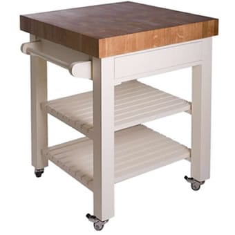 end grain trolley unit End grain kitchen trolley with cream base, two slatted shelves and locking wheels