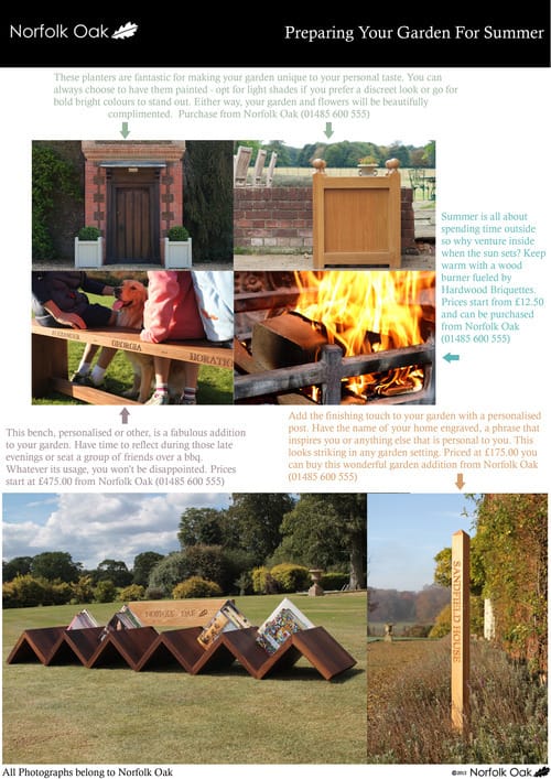 Garden gift ideas page showing oak planters, personalised benches, briquette fire and signpost