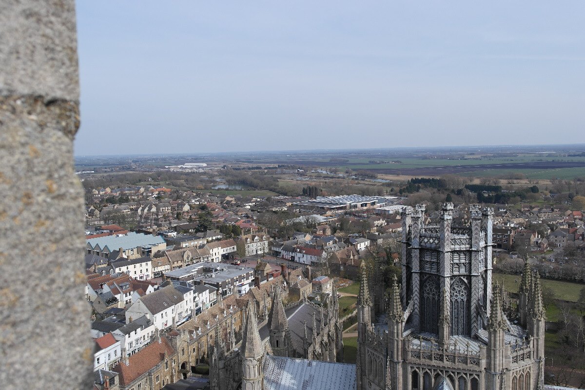 View over Ely rooftops and fenland from the cathedral tower