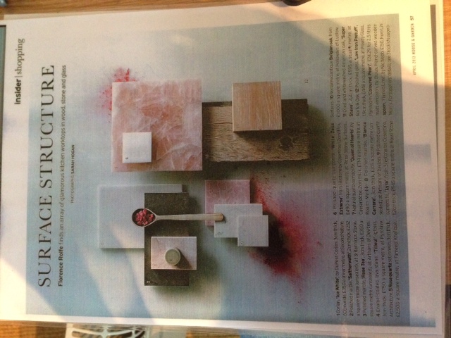 House & Garden magazine page showing wood, stone and glass worktop samples