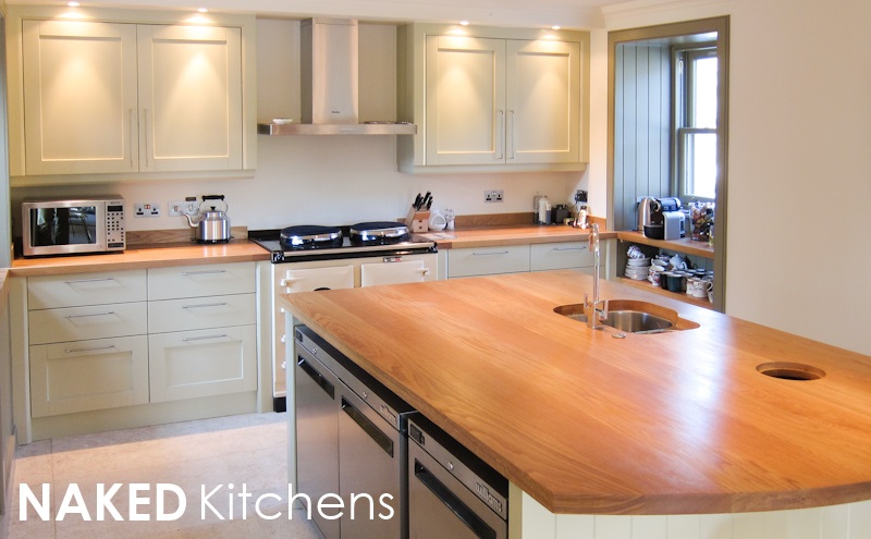 Painted Oak Kitchen Pale painted NAKED Kitchens design with a curved oak worktop island