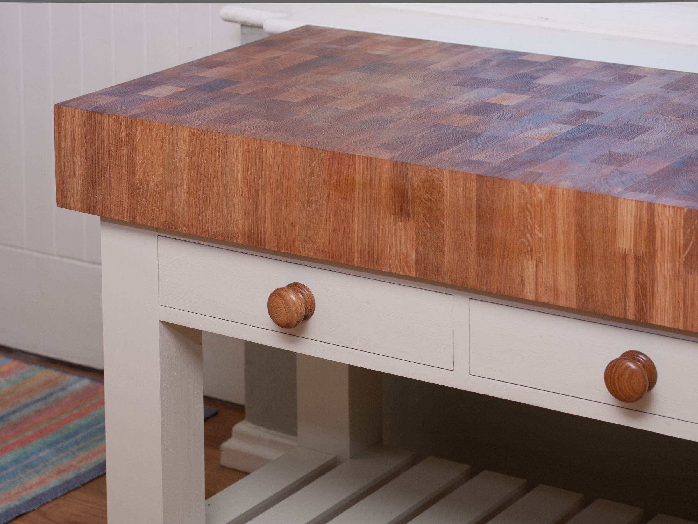 trolley drawers & slats End grain butcher's block trolley top with painted base, drawers and slatted shelf