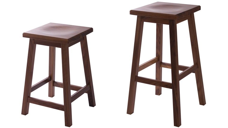 walnut kitchen stools Pair of walnut stools in counter and bar heights with scooped seats