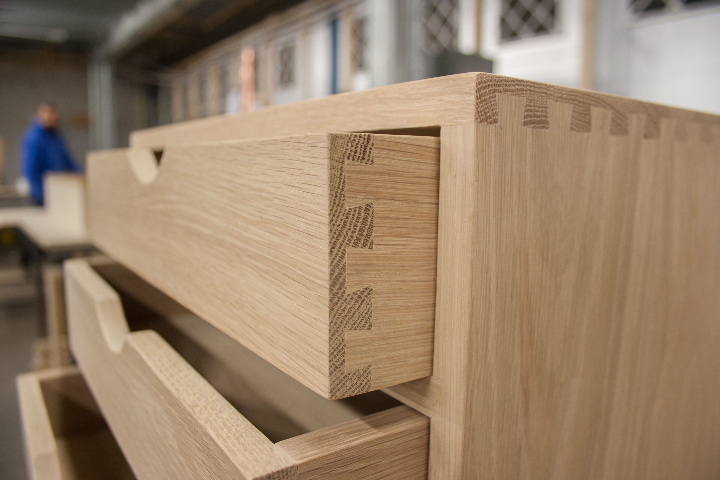 oak drawer on filing box Close-up of precise dovetail joints on an open oak drawer box