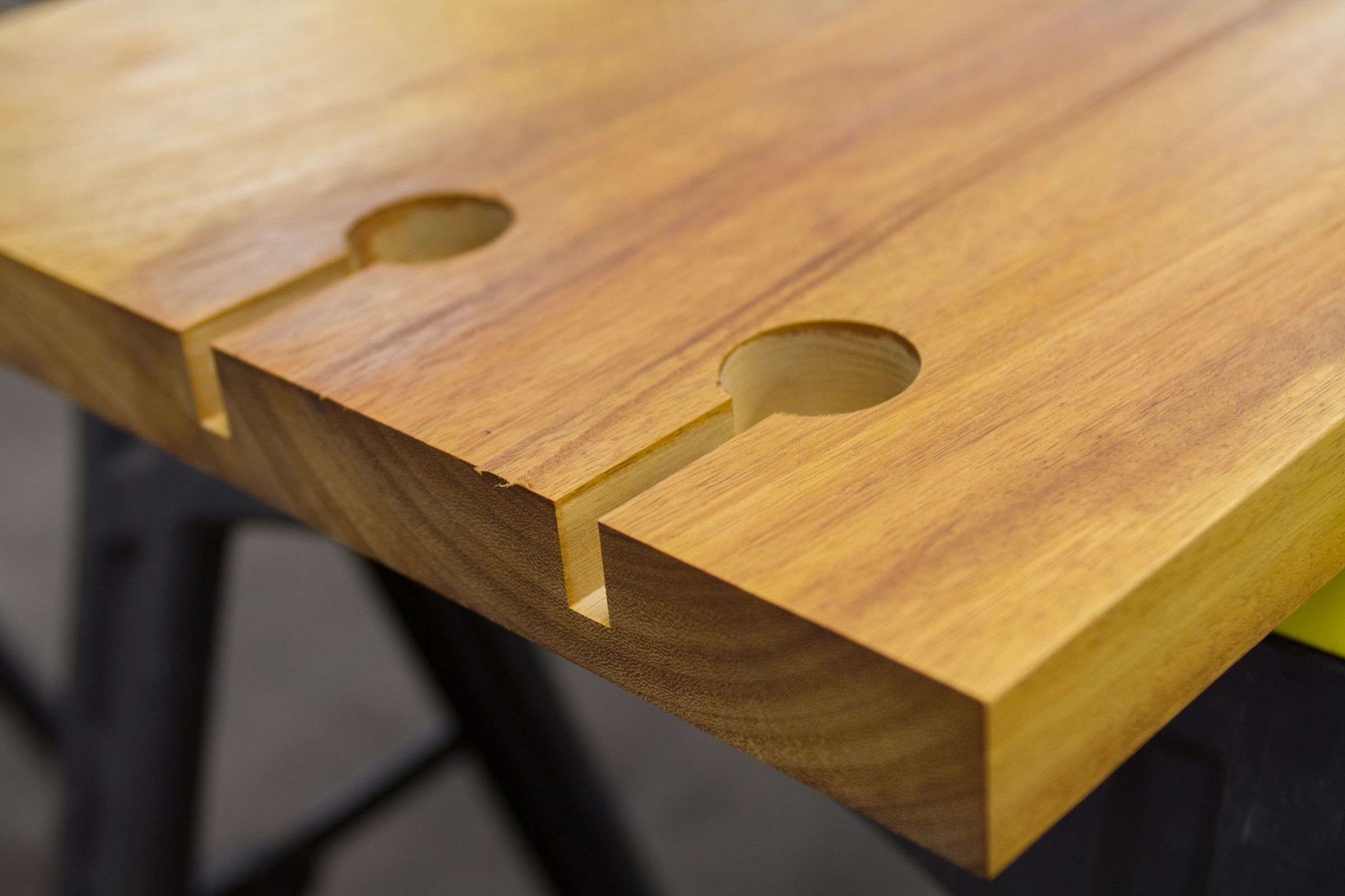 butt join iroko worktop Butt join slots and connector bolt recesses cut into an iroko worktop
