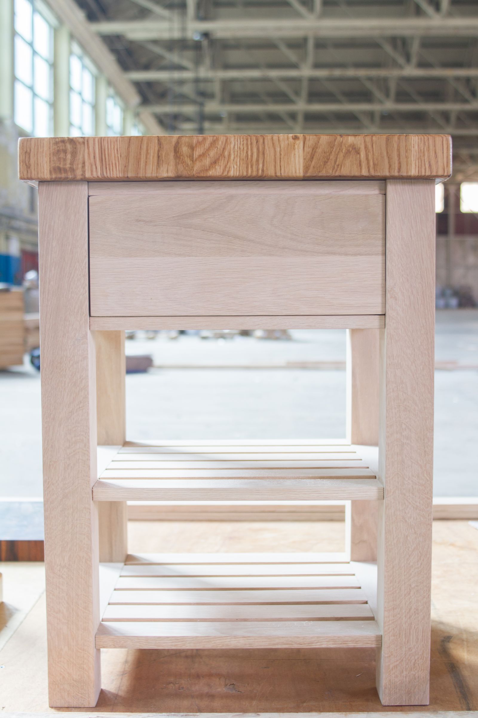 oak end grain trolley White oak end grain trolley unit with handleless drawer and two slatted shelves