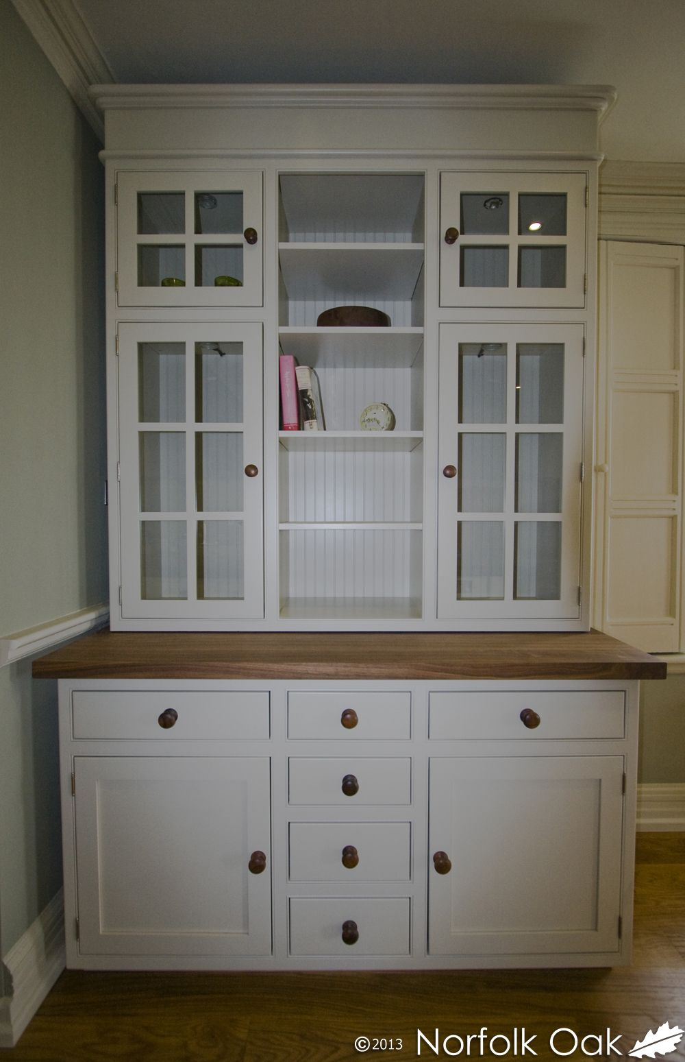 Cream painted glazed dresser with walnut worktop and turned wooden knobs